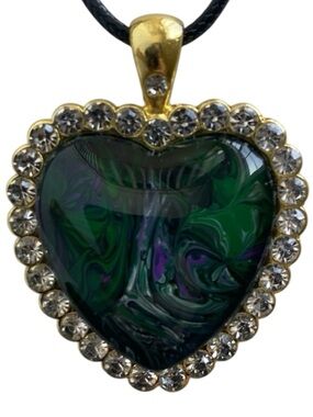 Hand Crafted Fluid Art Necklace Black Green Purple Pendant by Svetlana Yeung